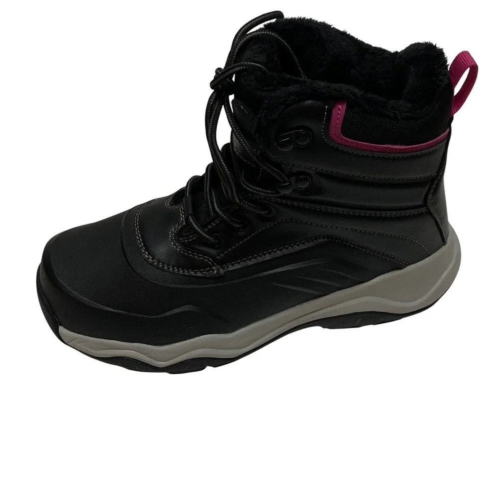 Khombu Womens Black Faux Fur Lined Winter Snow Boot Pink Accents Lace Up 8 NWT